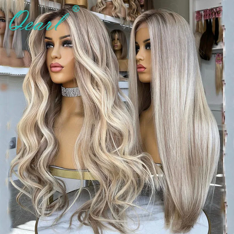 

Brazilian Real Hair Full Lace Wigs 32" Long Human Hair Wig Ombre Ash Blonde Highlights Straight Lace Frontal Wig Light HD Qearl