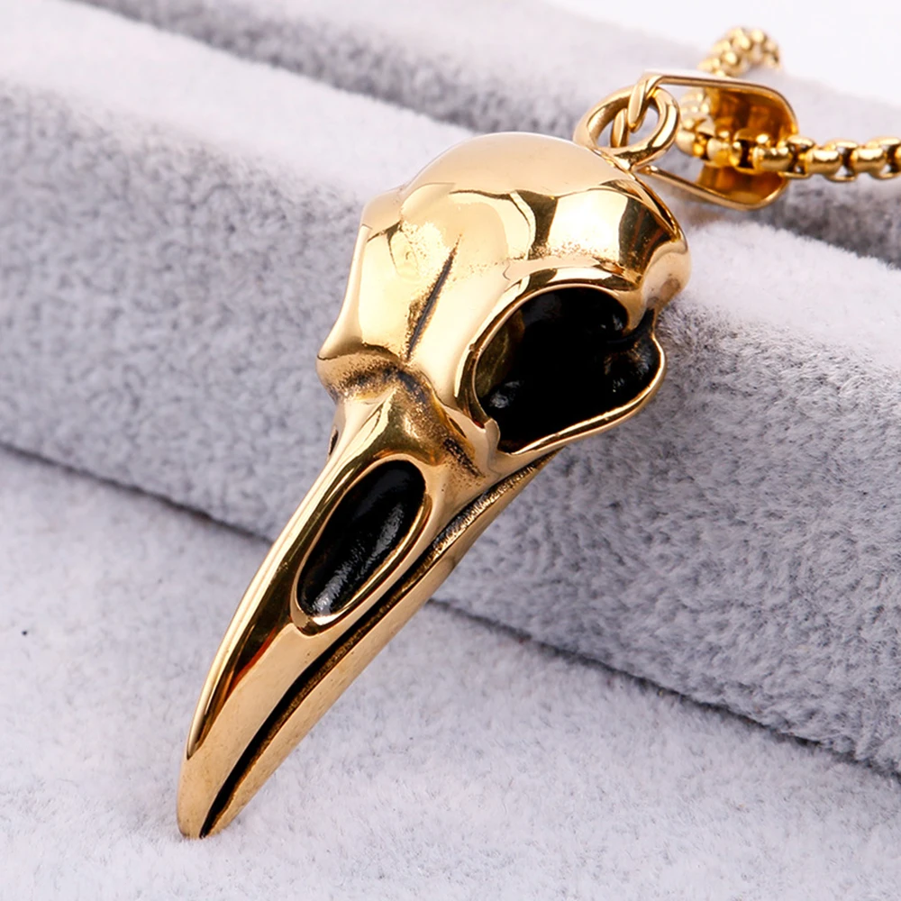 Vintage Nordic Viking Crow Head Bird Skull Pendant Necklace for Men Women Stainless Steel Punk Fashion Jewelry Gifts Wholesale
