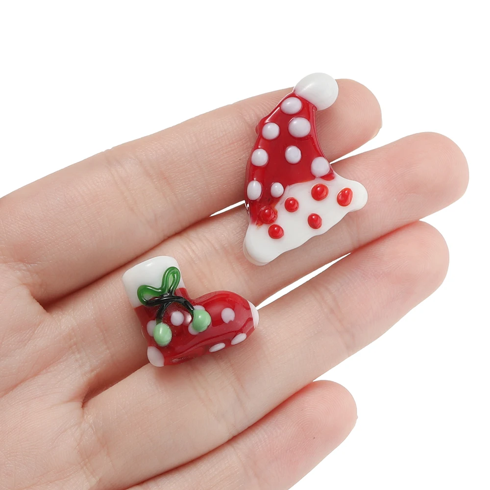 1Pcs Christmas Style Glass Loose Spacer Beads Hand drawn Hat Socks Shape Beads for DIY Jewelry Making Necklace Bracelet Supplies