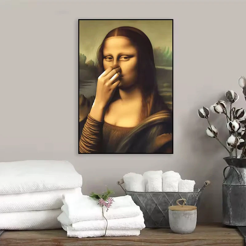 모나리자 욕실 벽 아트 포스터 인쇄 화장실 유머 재미 있은 Davinci 영감 욕실 빈티지 나쁜 냄새 캔버스 회화 장식