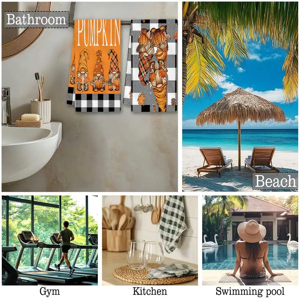 Jit 2pcs Fall Gnome Pumpkin Plaid Pattern Dish Towels For Home Kitchen Harvest Season Decor