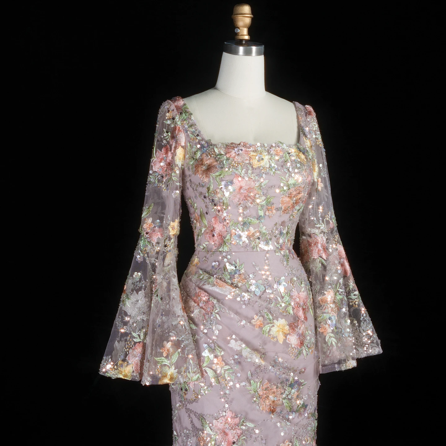 Sharon Said Luxuriöses rosafarbenes, floral besticktes Meerjungfrauen-Abendkleid mit eckigem Ausschnitt, Partykleid für Damen, SS465, maßgeschneidert – Detail 9