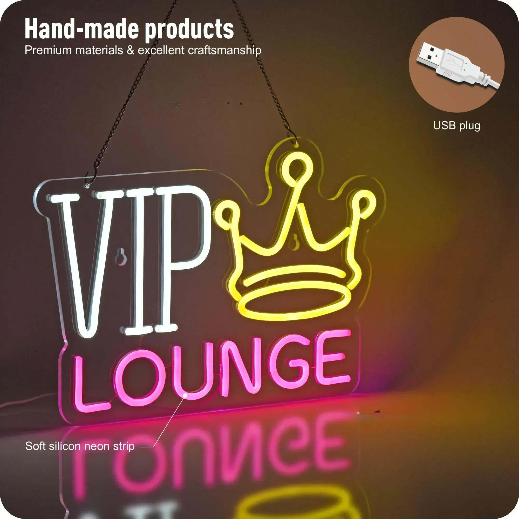 VIP Lounge Neon Sign Crown LED Wall Art USB Powered Glow Lamp Bar Club Decor Novelty Gift Hanging Light Home Bedroom Party