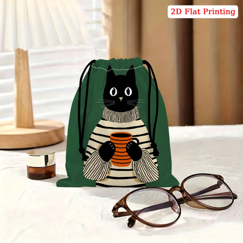 1pc Cartoon Cat Pattern Drawstring Bag Green Storage Small Pouch For Glasses Cosmetics Travel Organizer Portable Gift For Women