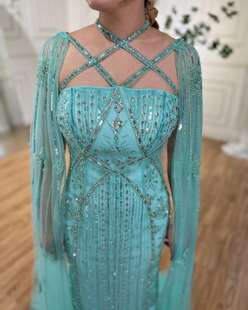 Hot Sale Arabic Dubai Mermaid Prom Dresses With  Cape Sleeves Beaded Evening Dresses Gowns For Women Formal Party فساتين الحفلات