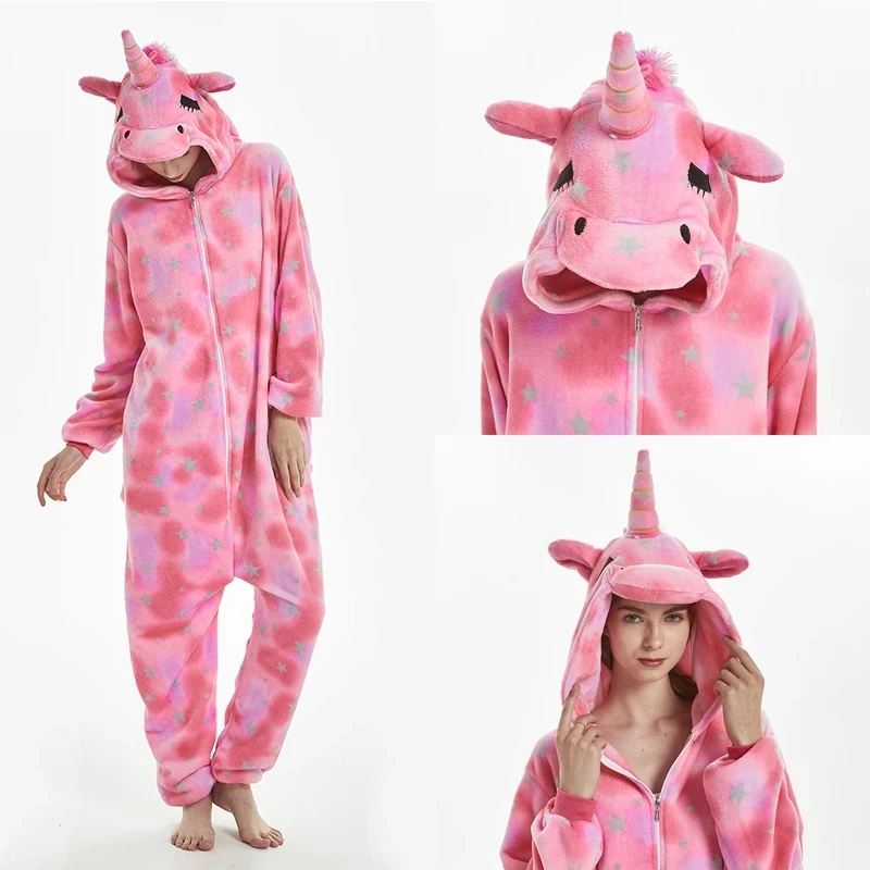 Animal Onesies Winter Flannel Family Matching Pajamas for Kids and Adult Unicorn Sleepwear Pyjamas Boys Girls Homewear Jumpsuit