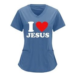 Camisetas de mujer I Love Jesús, uniforme de enfermera, monos, camisa de bolsillo, enfermería, salud médica, Tops de enfermera