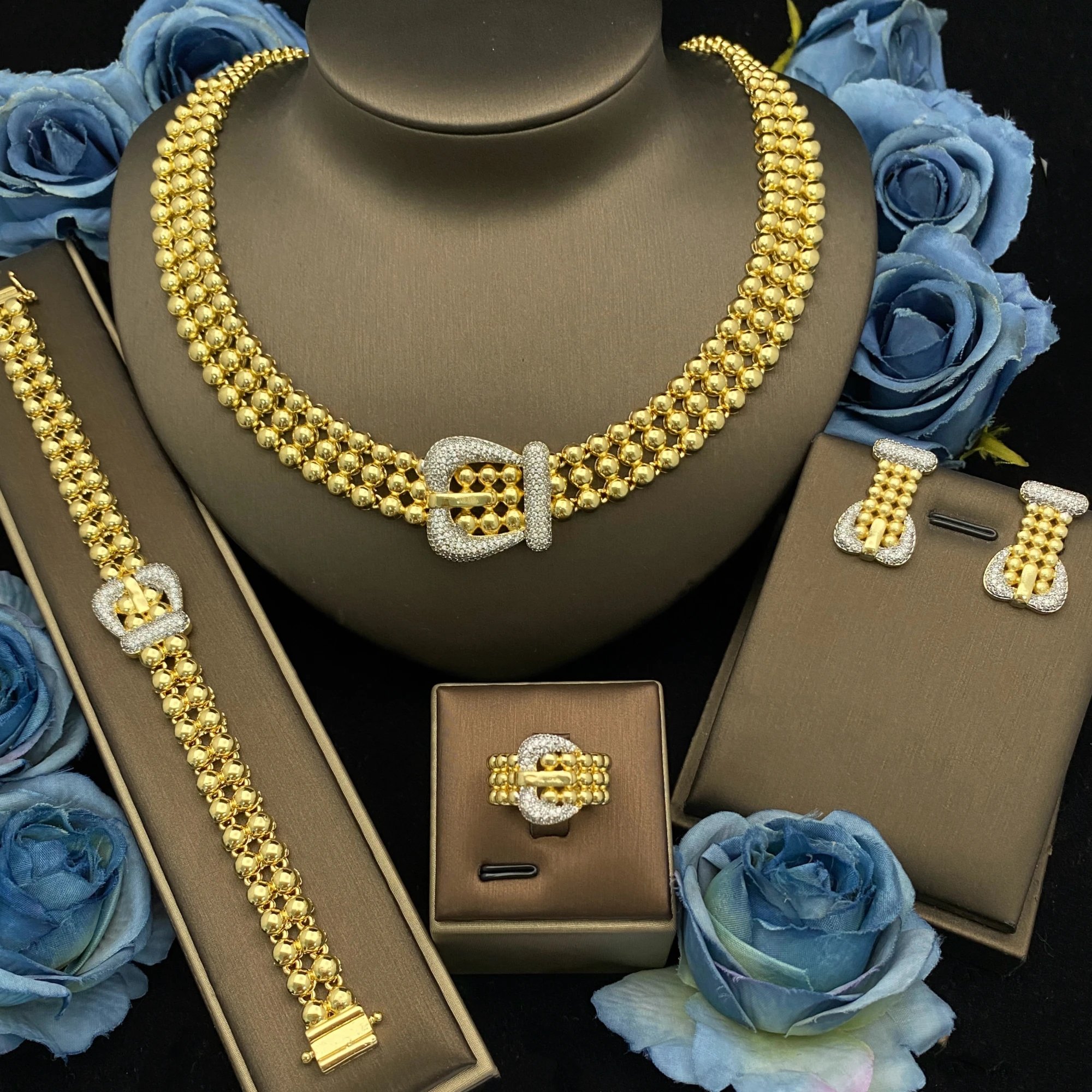 

JRH Trendy Women’s Jewelry 4Piece Set Necklace Earrings Ring Bracelet Gold Plated Craf Zircon Design Versatile for Parties Dates