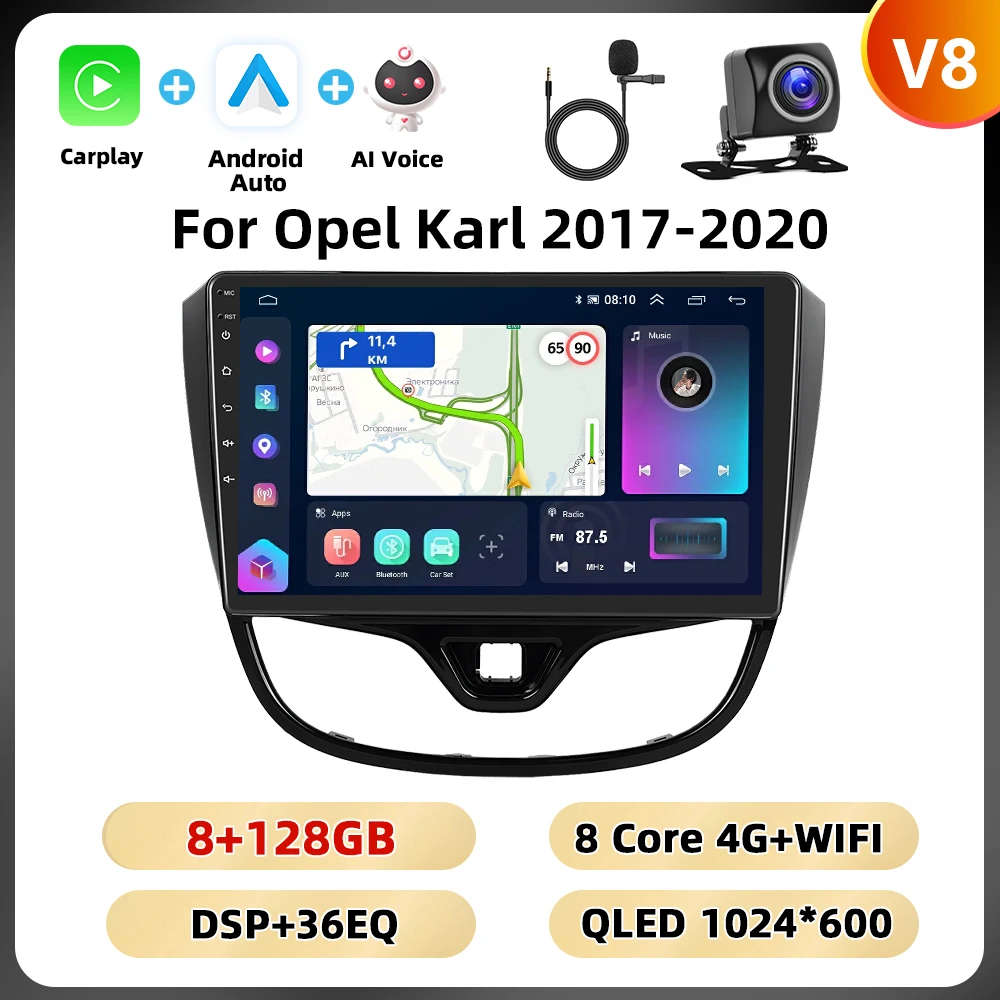 Podofo 10.1 '8core Autoradio Voor Opel Karl 2017-2020 Multimediaspeler 8 128G Carplay Android Auto Navigatie Rds Bt Autoradio