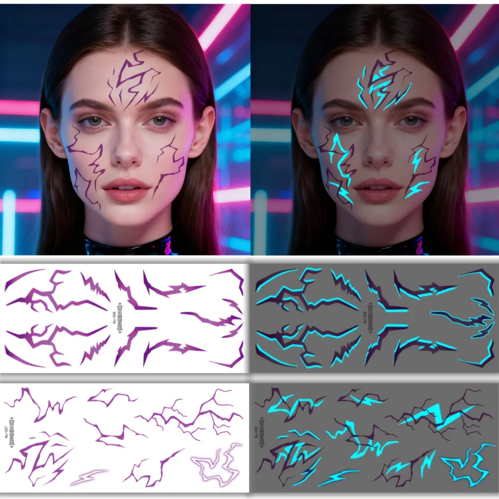 4 Blatt Kpop Temporäre Tattoos Lila Blitz Bold Make-up für Cosplay Rollenspiele Wasserdichte Gesichtskunst Aufkleber Leuchtendes Tattoo – Detail 5