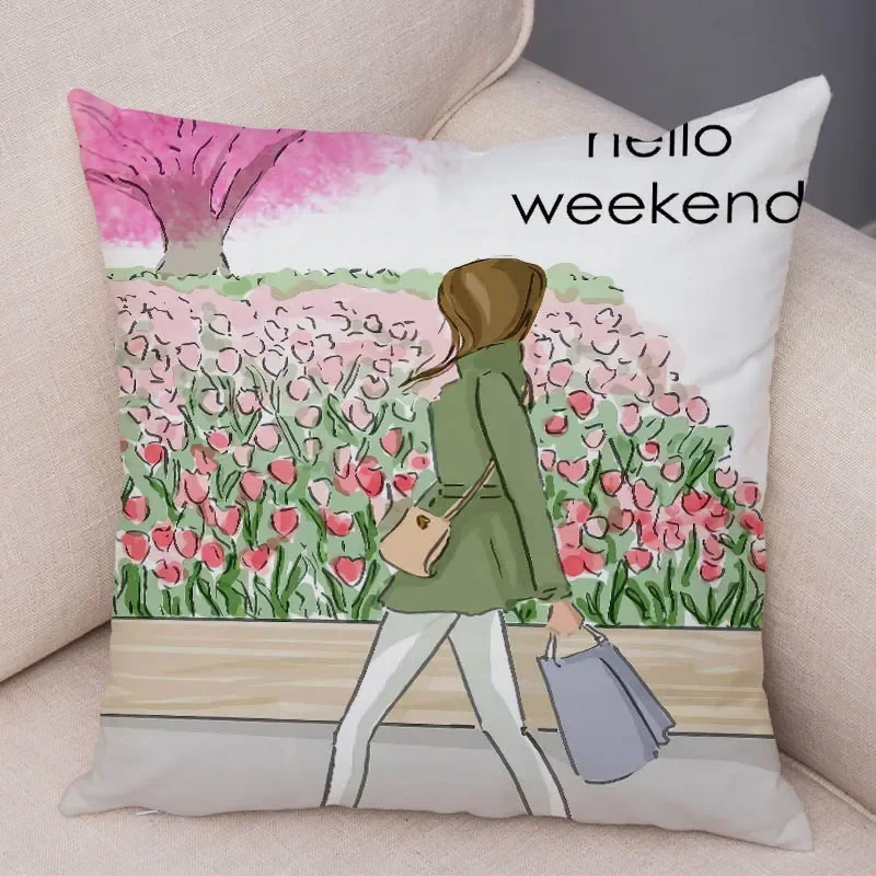 Hello Weekend Cute Cartoon Girl Cushion Cover Pillow Case 45*45cm Covers Decor Letter Super Soft Short Plush Pillows Pillowcase