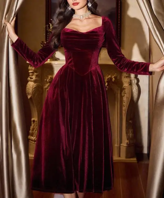

Women Dresses 2026 Spring Autumn New Retro Wine Red Velvet Square Neck Long Sleeve Pocket Design Slim Mid Length A-Line Dress