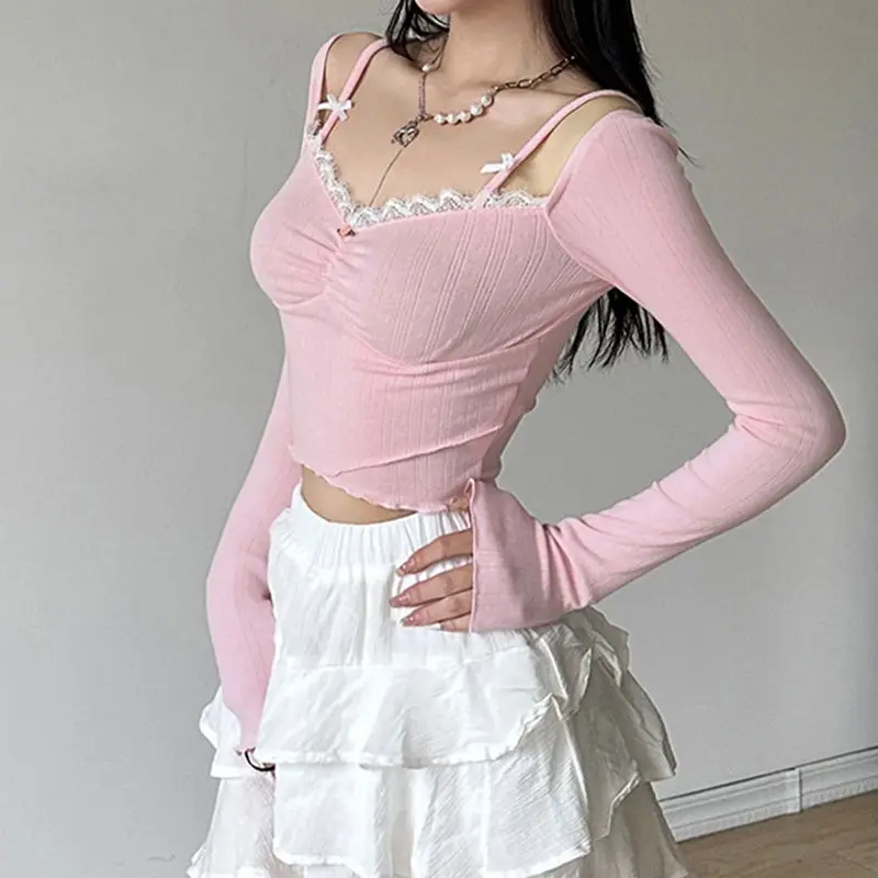 New Kawaii Long-sleeved Sweet Romantic Dating Girls Bow Pink Top Women Pure Desire Wind Rose Lace Slim Short T-shirt