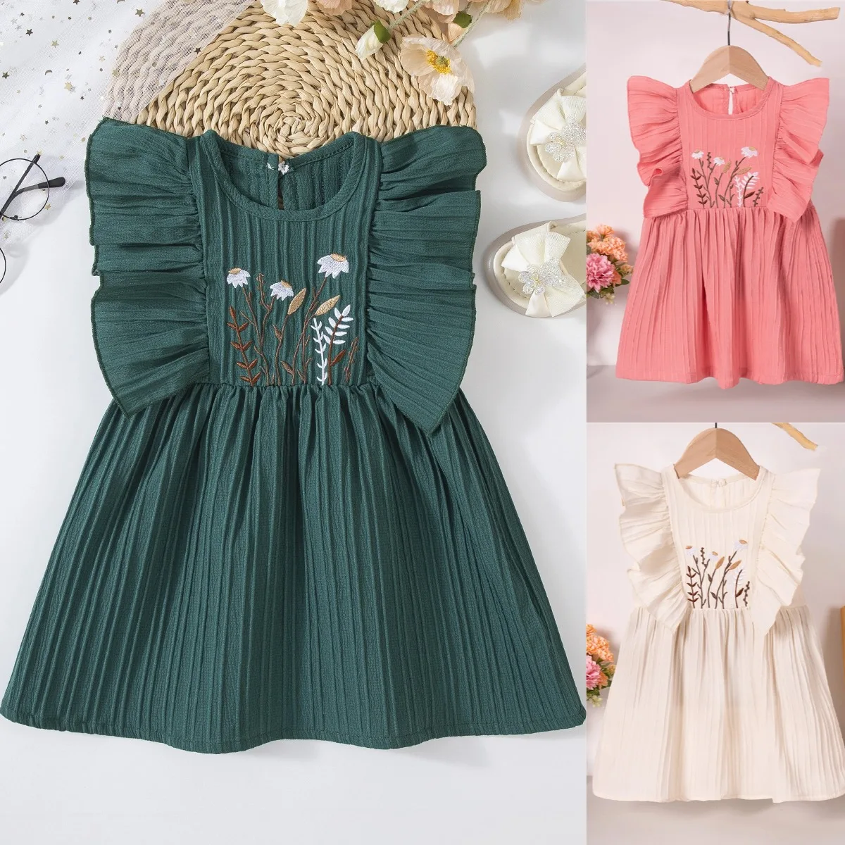 

Toddler Girl Sweet Sleeveless Dress - Beige/Pink Fresh Embroidery Skirt, Summer Breathable Kids Clothes, European & American Sty