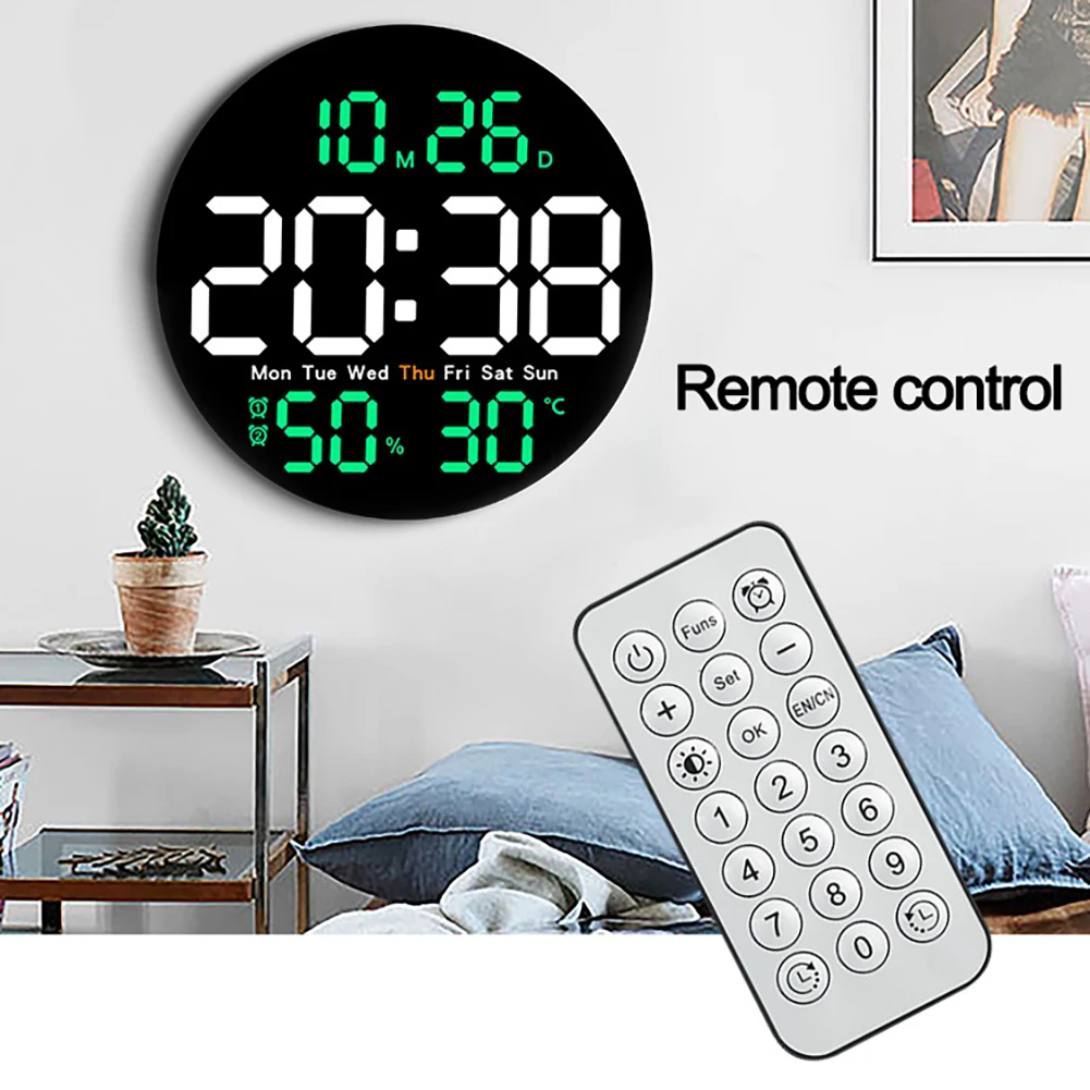 LED Wall Clock With Remote Control Auto Dimming 10 Level Brightness Digital Alarm Clock For Home Farmhouse Office