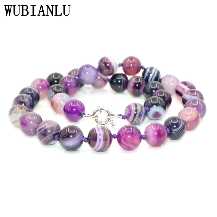 WUBIANLU 6-12mm Natural Stone Purple Agates Pink Onyx Stripe Round Beads Necklace Women Jades Findings Wholesale