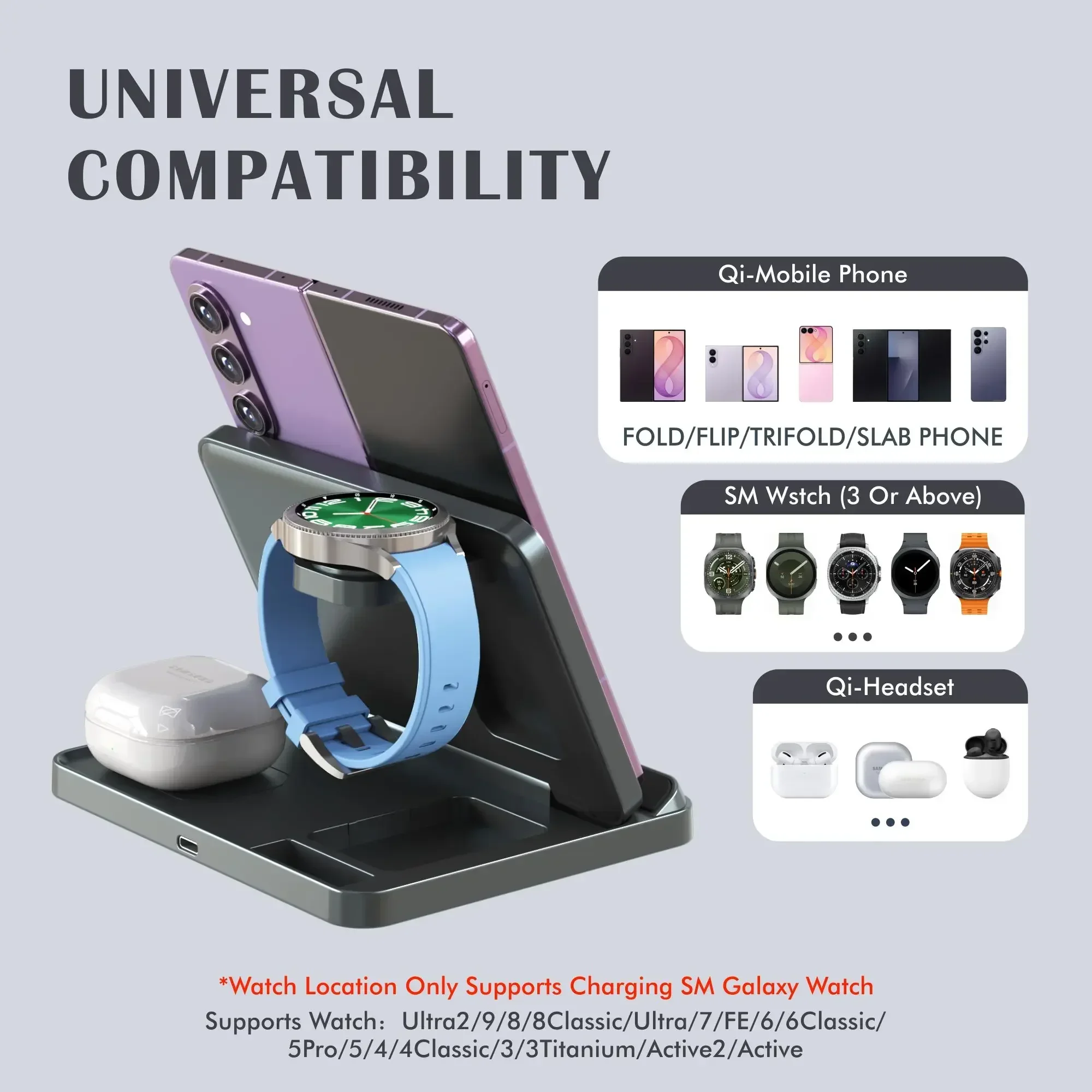 3-in-1 Faltbares Kabelloses Ladegerät für Samsung Z Flip/Z Fold 8 Ultra/7/6/5/ Galaxy Watch 9/8/7/6 Buds4/3 Pro Schnelllade-Station – Detail 3