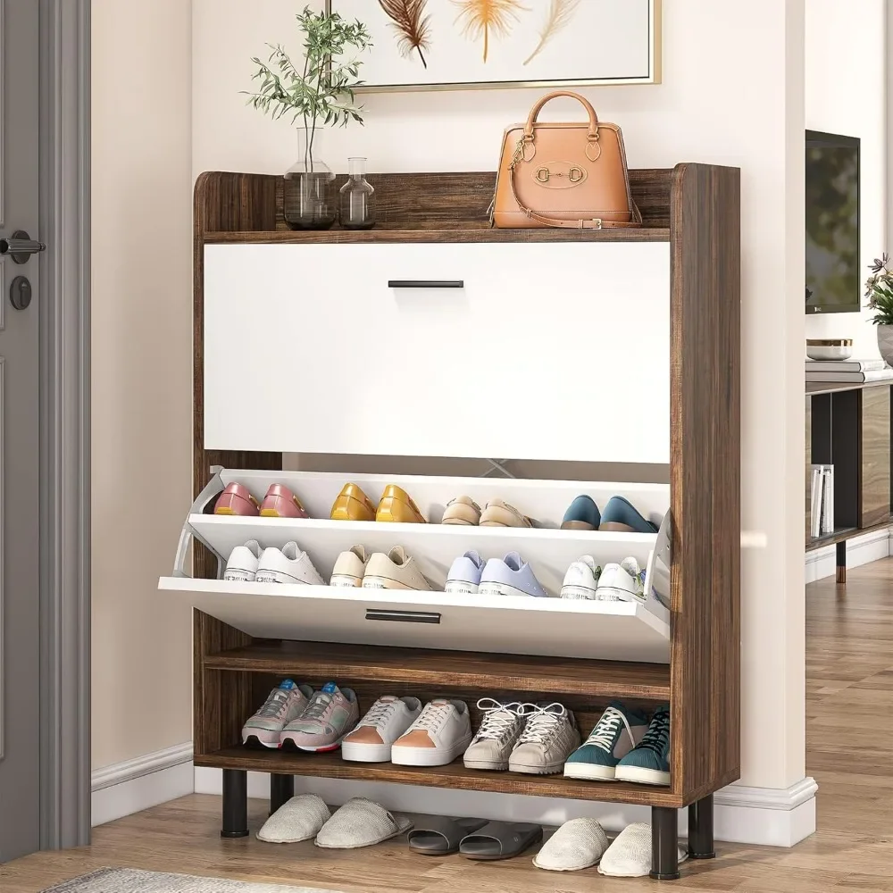 Shoe Cabinet, 2-Tier Shoe Storage Cabinet with Flip Doors, Vintage Entryway Shoe Organizer Rack with Open Shelves for Narrow