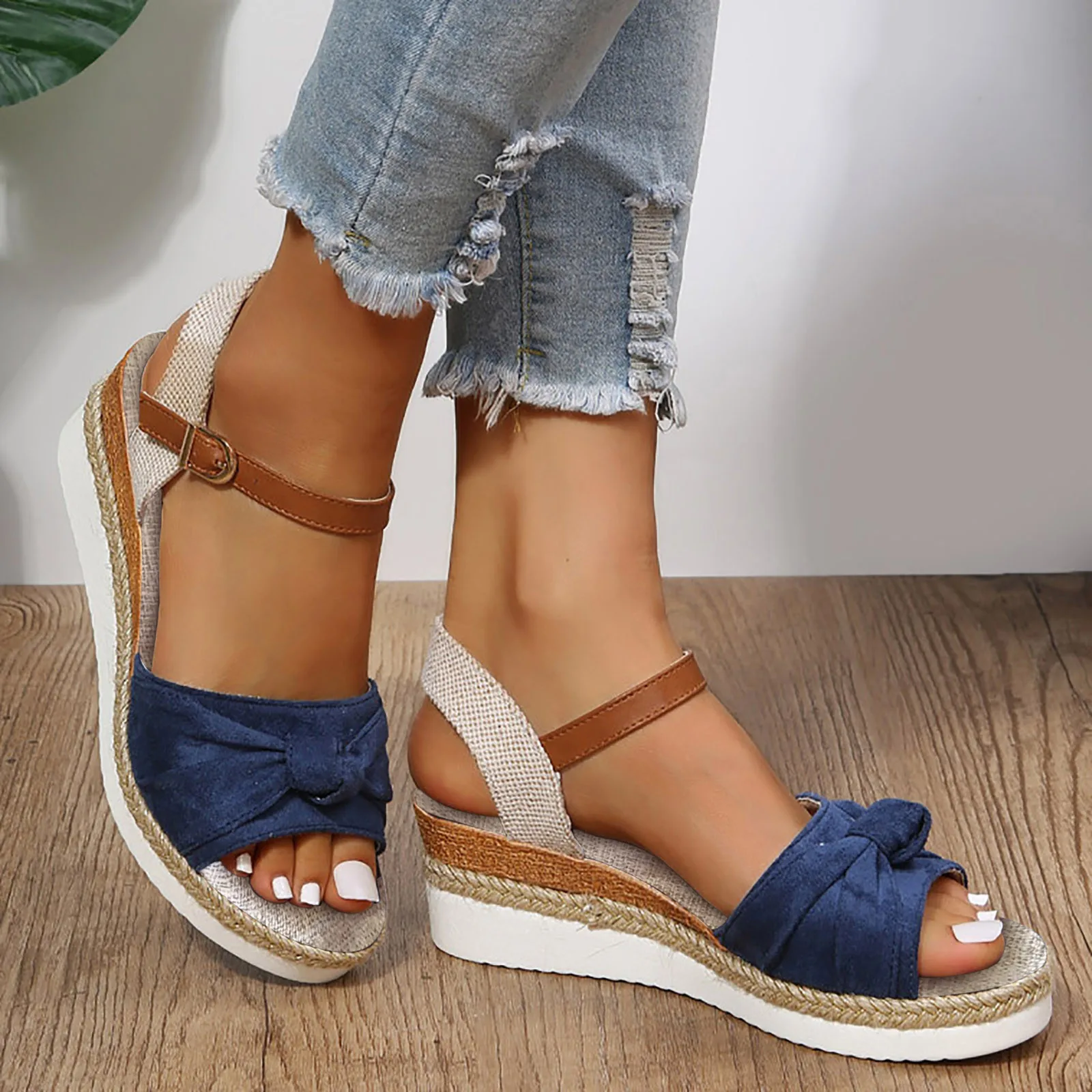 Espadrilles Wedge Sandals for Women Summer Open Toe Non Slip Gladiator Shoes Fashion Bowtie Platform Buckle Sandalias Mujer 2024