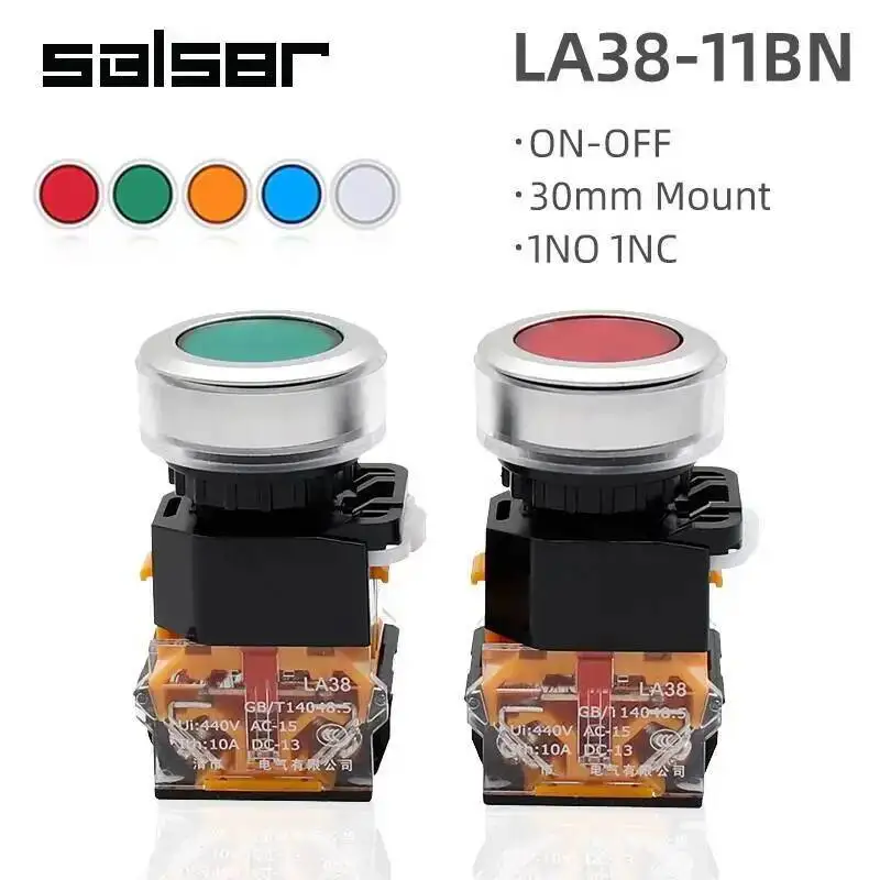 2pcs 30mm Push Button Switch LA38-11BN Momenrtary Reset Self Lock 1NO1NC Start Stop Circular Round Flat Head Brass Contact