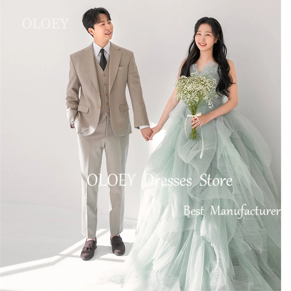 

OLOEY Dust Green Korea Wedding Dress Women Photoshoot Sleeveless Prom Dress Pleats A Line Soft Tulle Performance Gown Custom