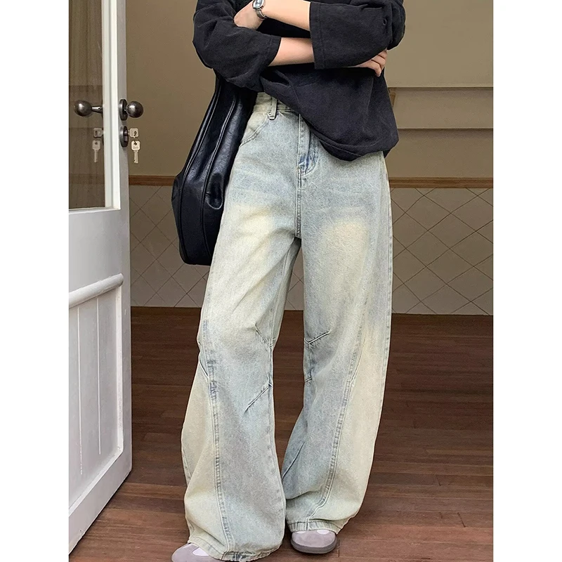 Damskie jeansy oversize w kolorze ciemnoniebieskim w stylu Y2K, szerokie nogawki, vintage Harajuku, dżinsy w stylu retro amerykańskim z lat 2000, spodnie boyfriend jeans.