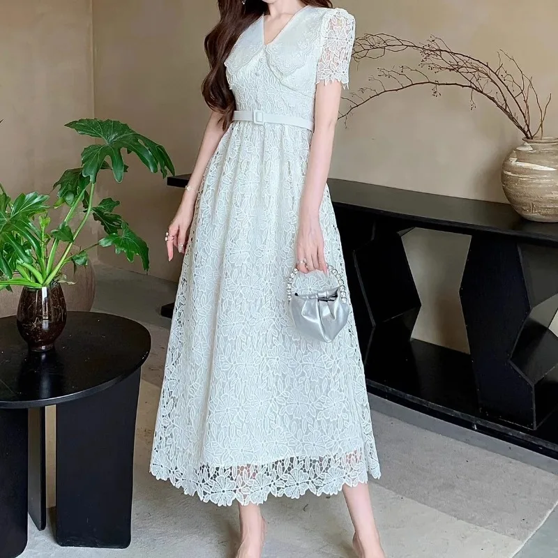 Apricot Lace Dress Bodycon with Belt Runaway Design Diamonds Button Hollow Elegant Women Dresses Evening Party Vestidos