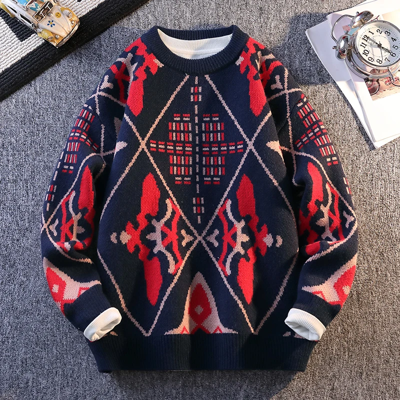 Retro Patterned High-quality Knitted Sweater Brand Fashionable High Street Pullover Autumn Winter Daily Casual Warm Pullover