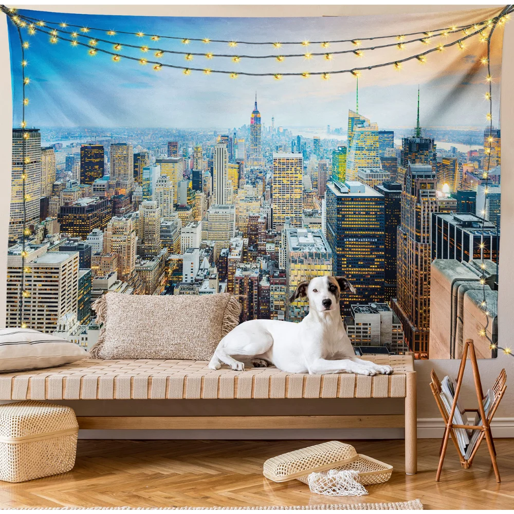 New York Tapestry Modern Night City Scenery Wall Hanging Skyscrapers Buildings Tapestries Bedroom Living Room Decor Wall Blanket