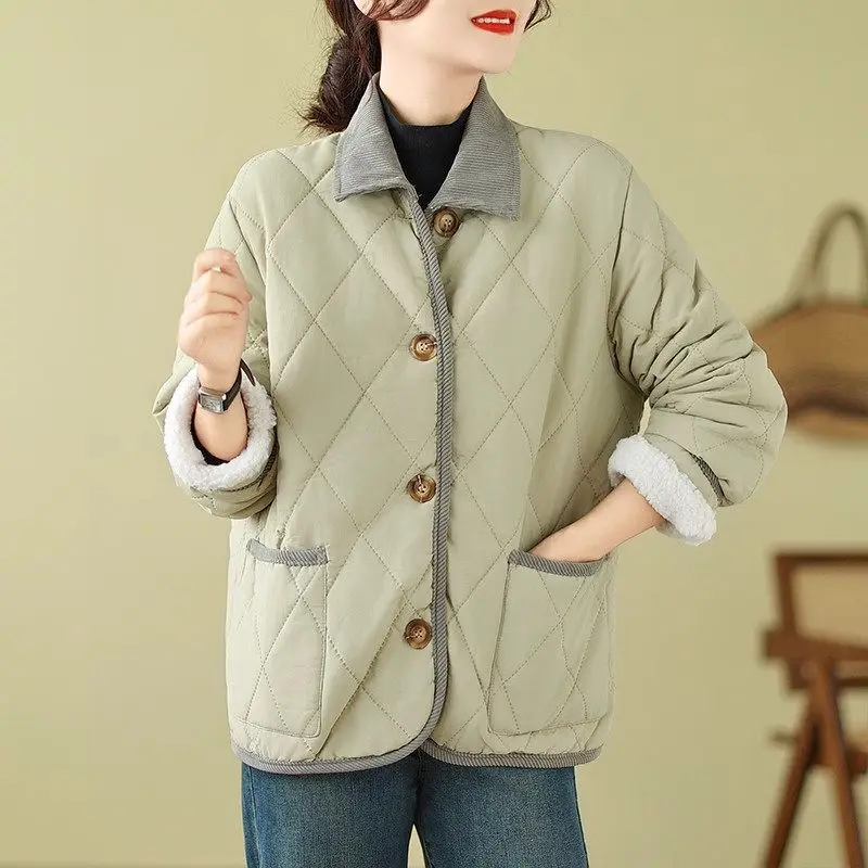 2023 Autumn Winter Women's Fleece Jackets Design Corduroy Collar Short Casual Korean Coat Retro Checkered Mujer Chauqeta Z3110