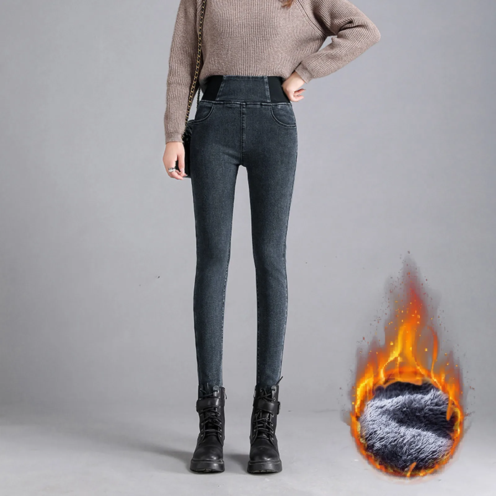 

Womens High Waist Jeans Black Slim Fit Elastic Waist Ladies Denim Pants Winter Thicken Thermal Warm Fleece Lined Skinny Leggings