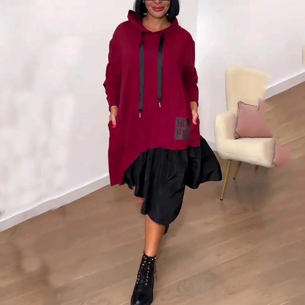 

New Hooded Sweatshirt Dress For Women 2025 Spring Long-sleeved Printed Patchwork Dress Casual Loose Lace Up Vestidos Feame Black