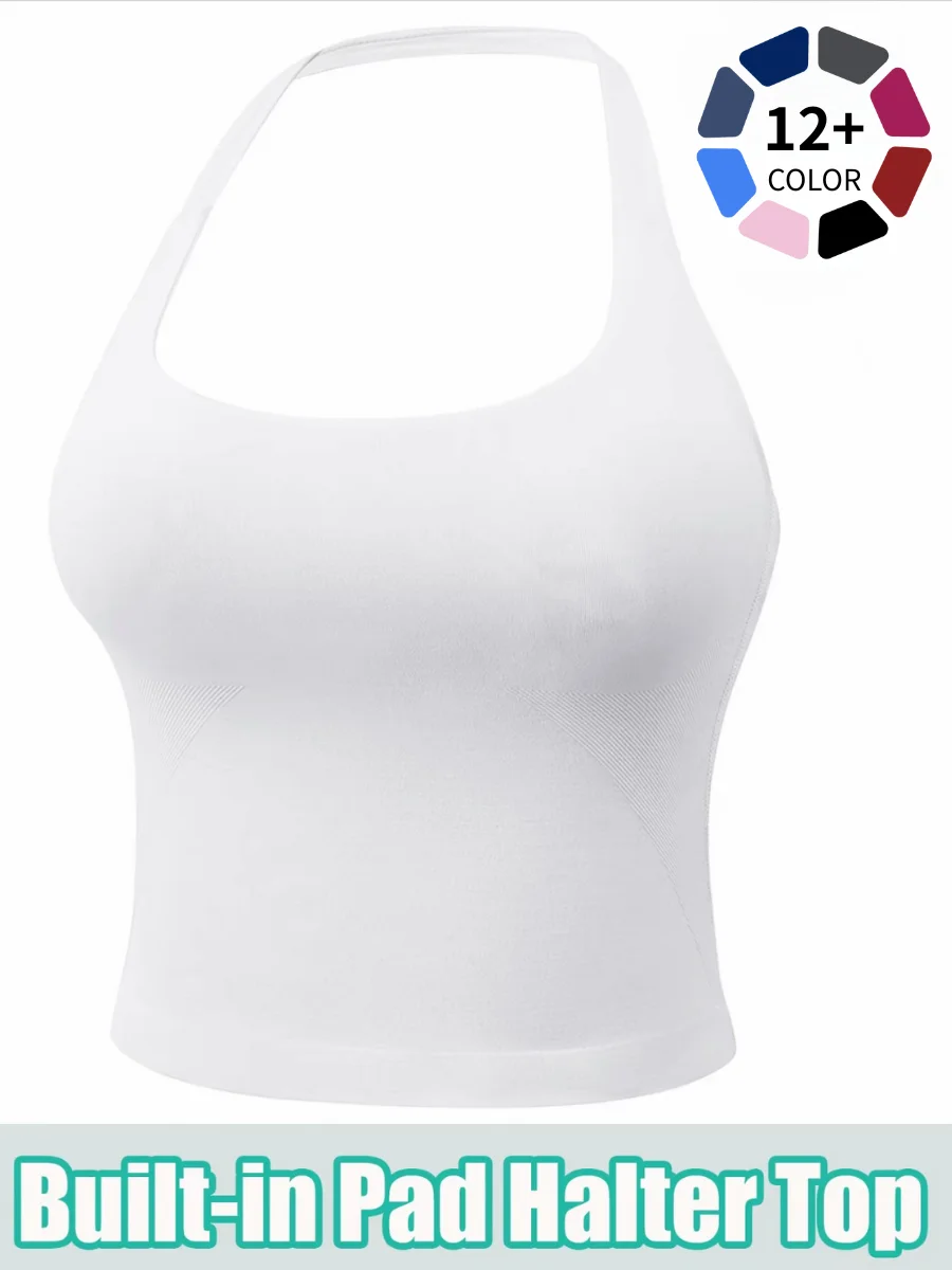 Women Seamless Halter Tank Top Built In Bra Padded Sleeveless Crop Top Slim Fit Sports Camisole Vest Daily Workout Yoga Tops 12