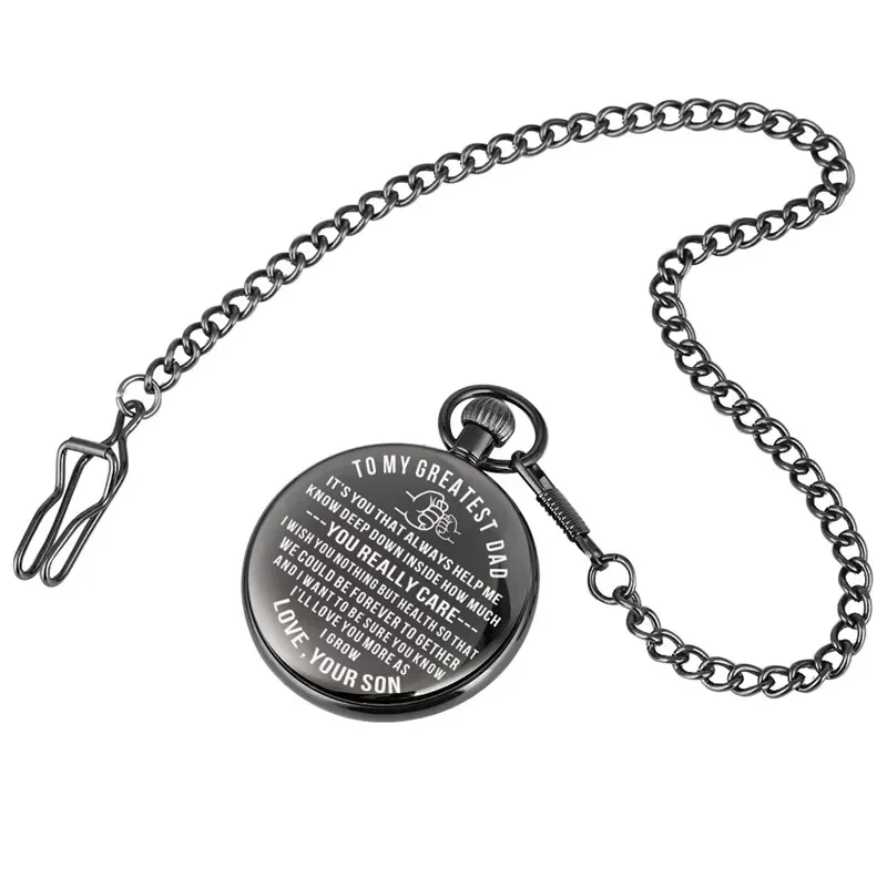 Creative I LOVE YOU To My Dad Theme Men's Quartz Pocket Watch Souvenir Gifts for Father Pendant Chain Arabic Number Clock