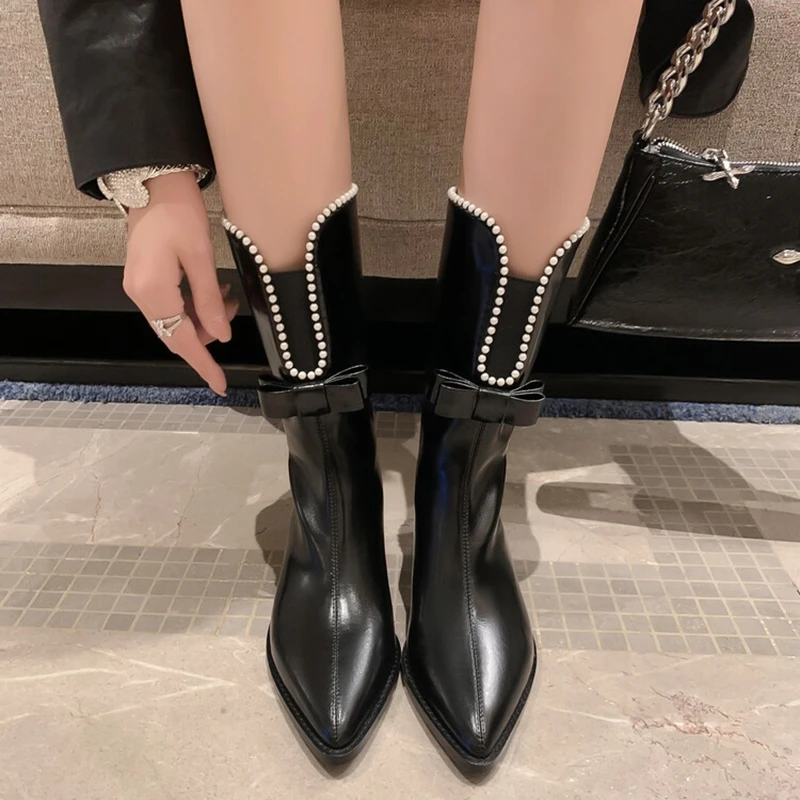 NEW Autumn Women Boots Split Leather Shoes for Women Pointed Toe Chunky Heel Shoes Bow-knot Zipper Mid-calf Boots Western Boots