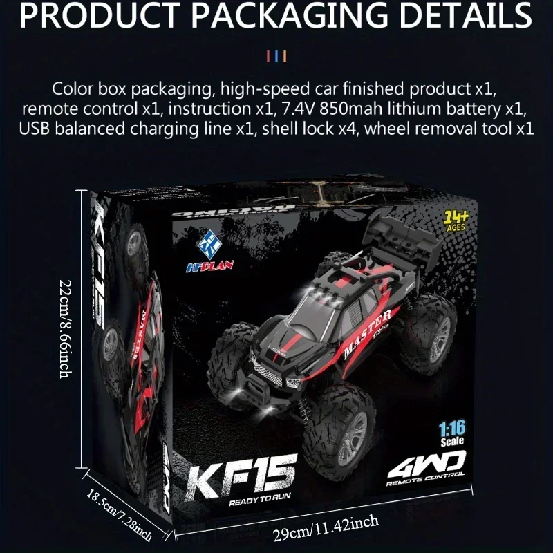 KF15 1:16 4WD High Speed RC Off Road Truck 2.4GHz with Independent Suspension LED Light Gift for Boys Girls Adults