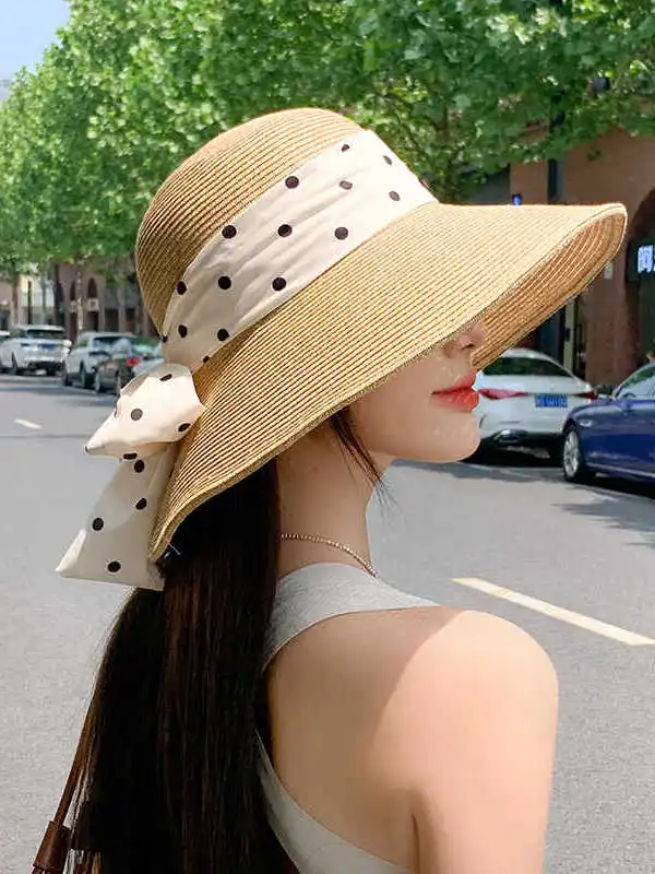 chapeu-de-praia-com-laco-decorativo-de-bolinhas-e-borboleta-faixa-de-amarrar-chapeu-de-pescador-com-protecao-solar-acessor