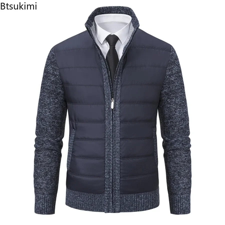 Autumn Winter New Men's Business Casual Sweaters Fashion Spliced Stand Collar Slim Fit Warm Cardigan Jackets Male Sweater Coats