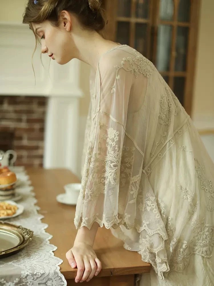 Spring Summer Women Romantic Delicate Embroidered Cute Mori Kei See-through Lace Cardigans