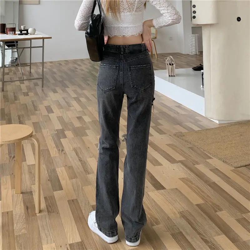 Smoky Grey Women\'s Jeans with Holes 2022 Spring Summer and Autumn Korean Version New Fashion Straight Leg Wide Leg Pants