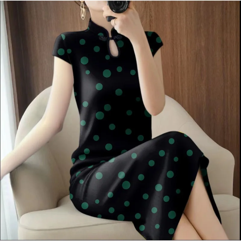 2024 Summer New Style Slim Qipao Dress Modern Improved Cheongsam Chiffon Printing Vintage Medium Long Modified Cheongsam