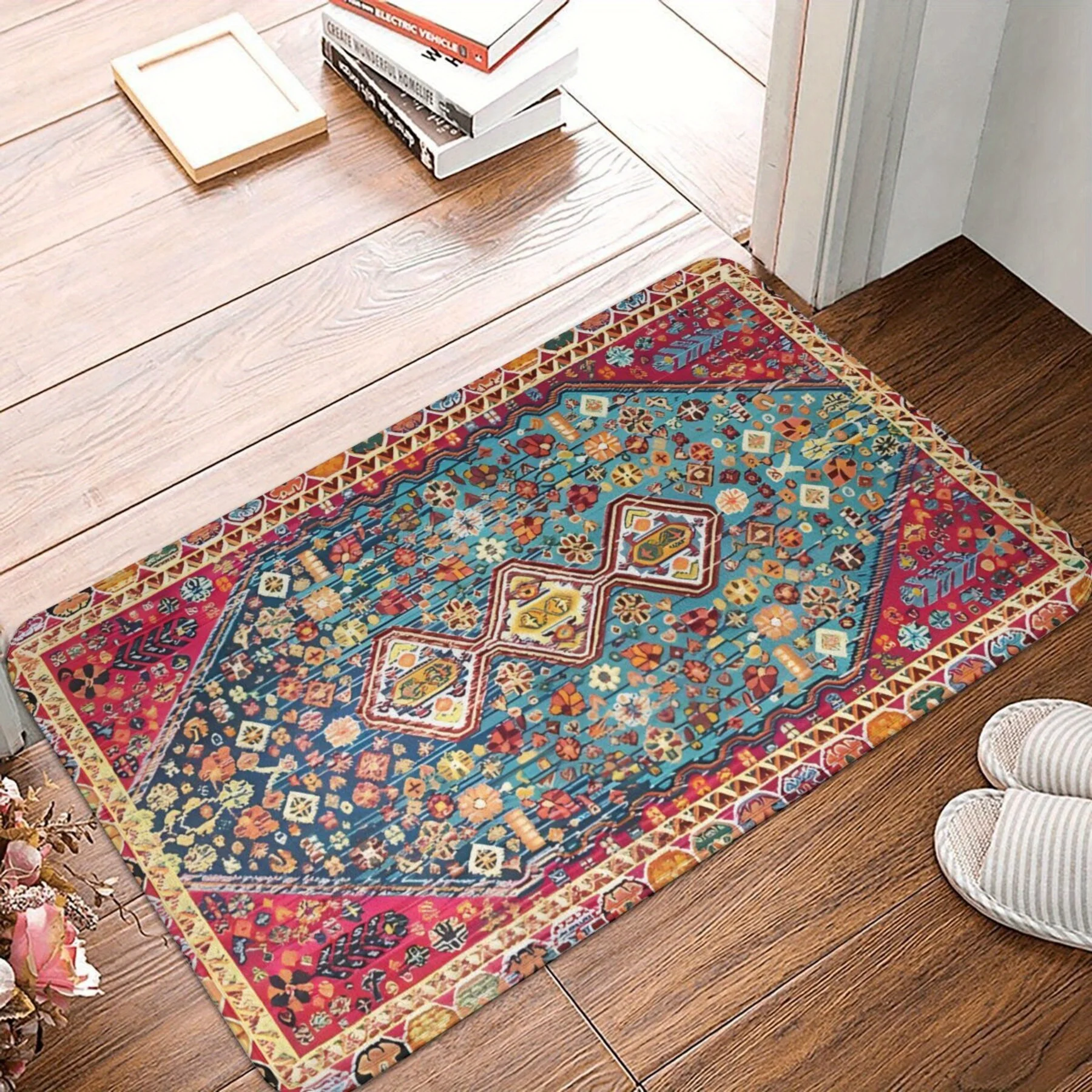 

Rectangular Mat with Traditional Geometric Floral Pattern in Red and Teal, Woven Polyester Rug for Indoor Home Decor