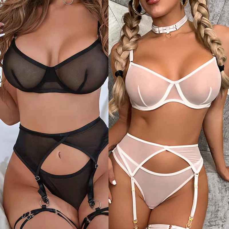 

Plus Size Underwire Mesh Exotic Sexy Lingerie Set Women Three Pieces Underwear Transparent Lace Pajamas Garter With Garter Belt