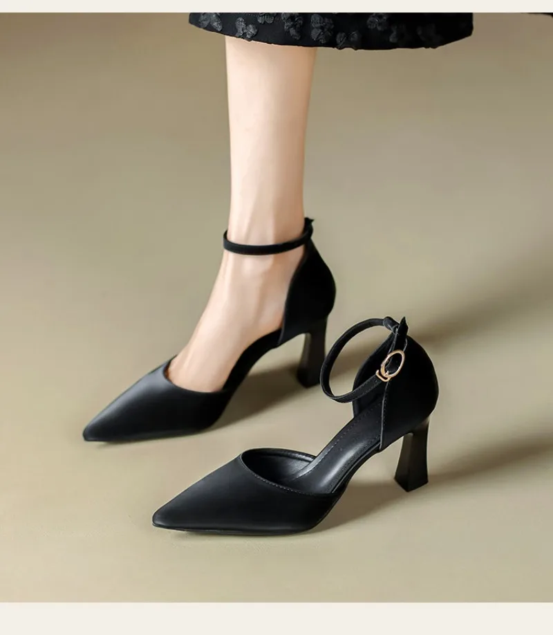

Office Career Women Pumps Cover Heel PU 7CM Square High Heels Pointed Toe Buckle Strap Mature Pump High Quality Party Women Shoe