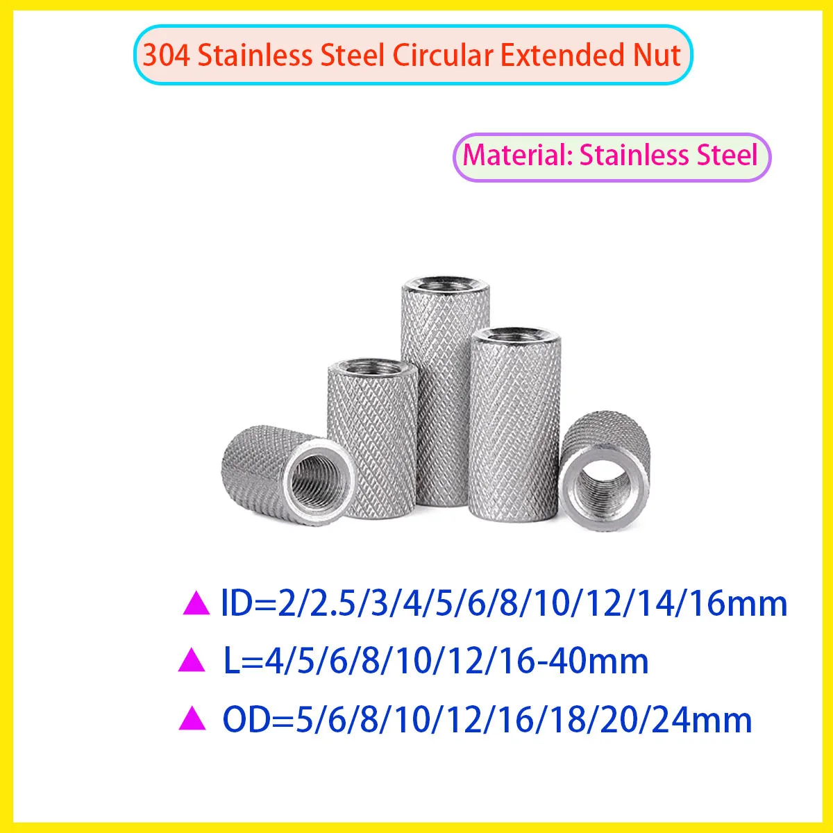 

304 Stainless Steel Extended Cylindrical Flat Head Knurled Hand Twisted Nut