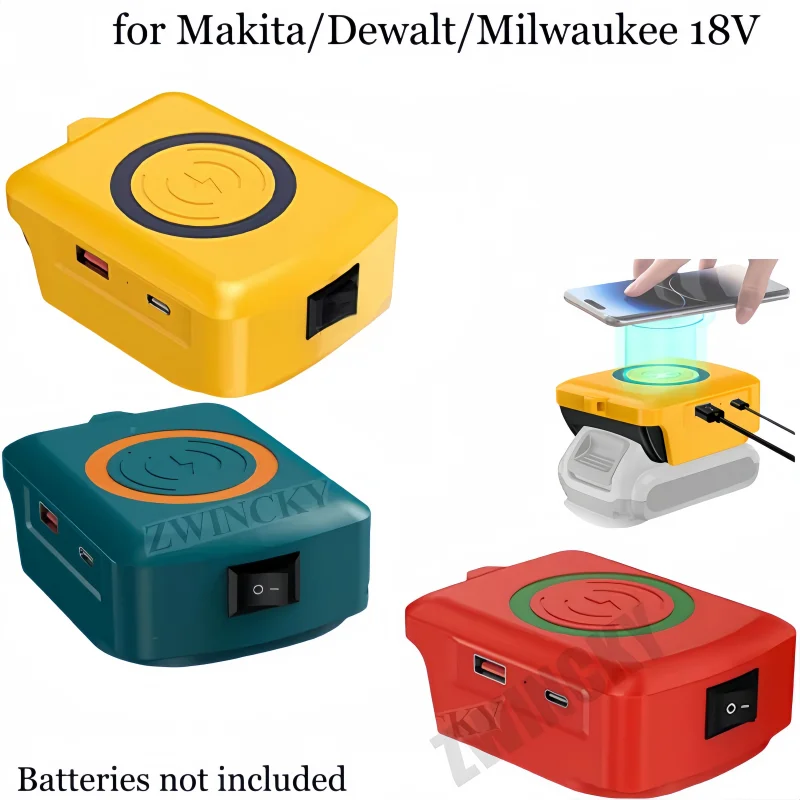 

Portable Charger Adapter for Makita/Dewalt/Milwaukee 18V Li-Ion Batteries with USB/Type-C Charging Port Wireless Charger