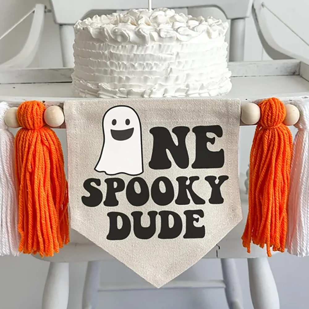 

One Spooky Dude Hanging Flag Baby's First Birthday Decorations Halloween Theme Birthday Party High Chair Banner Wall Accessory