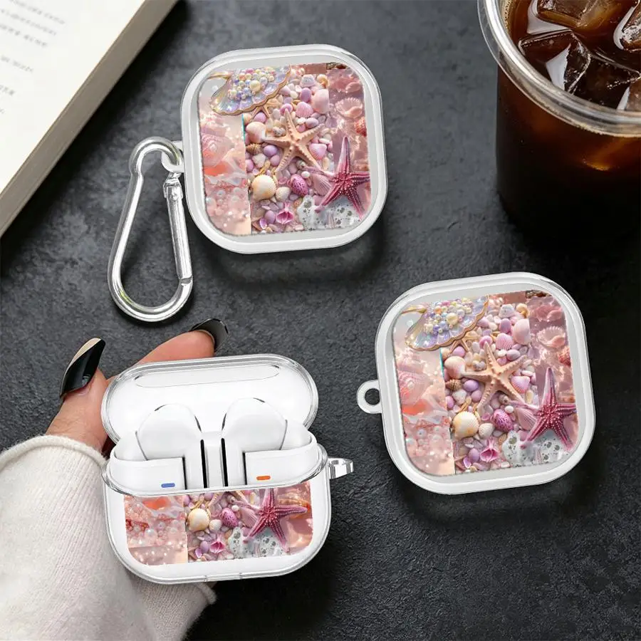 Pink Shell Print Clear Earphone Cases Cover With Hook Case For Samsung Galaxy Buds Live 2 4Pro 4 Pro 2Pro 3Pro 3 FE