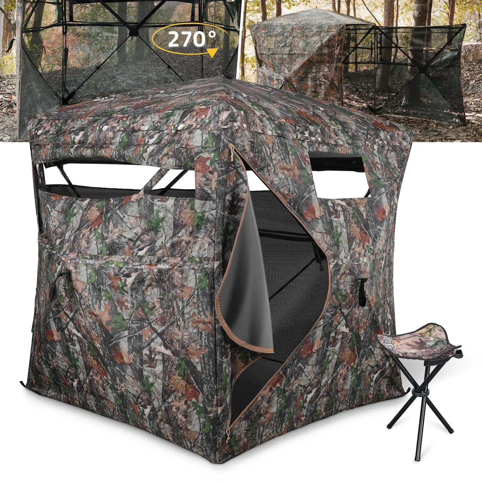 

CVLIFE 270°See Through Hunting Blind Pop-Up Ground Blind for 2-3 Person with Carrying Bag Silent Sliding Windows Portable Chair