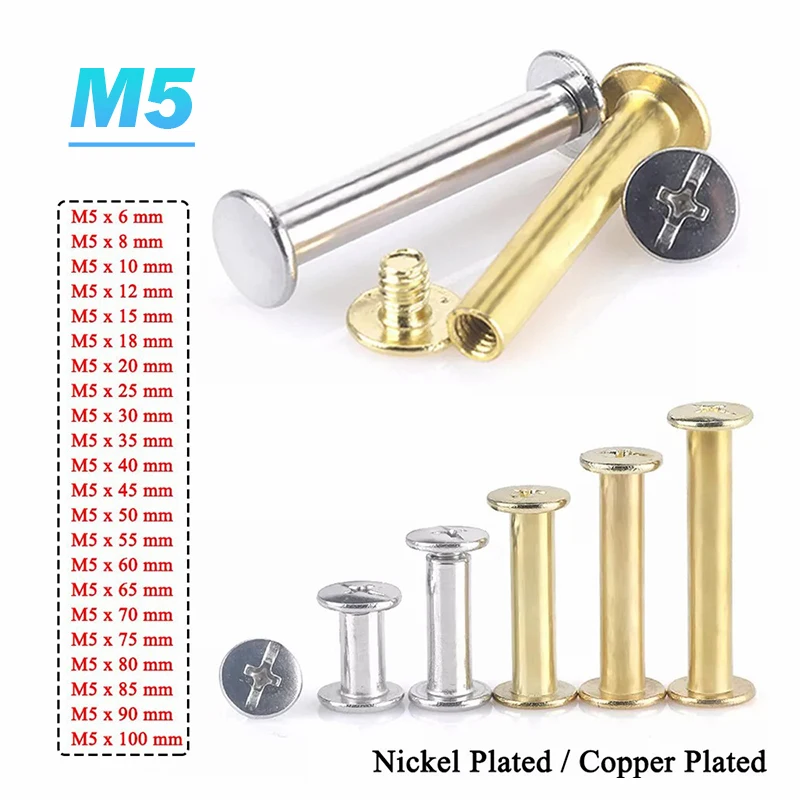 M5 Chicago Binding Screws Nickel/Copper Plated Phillip Head Rivet Assembly Bolt for Book Binding DIY Leather Craft 6mm-100mm